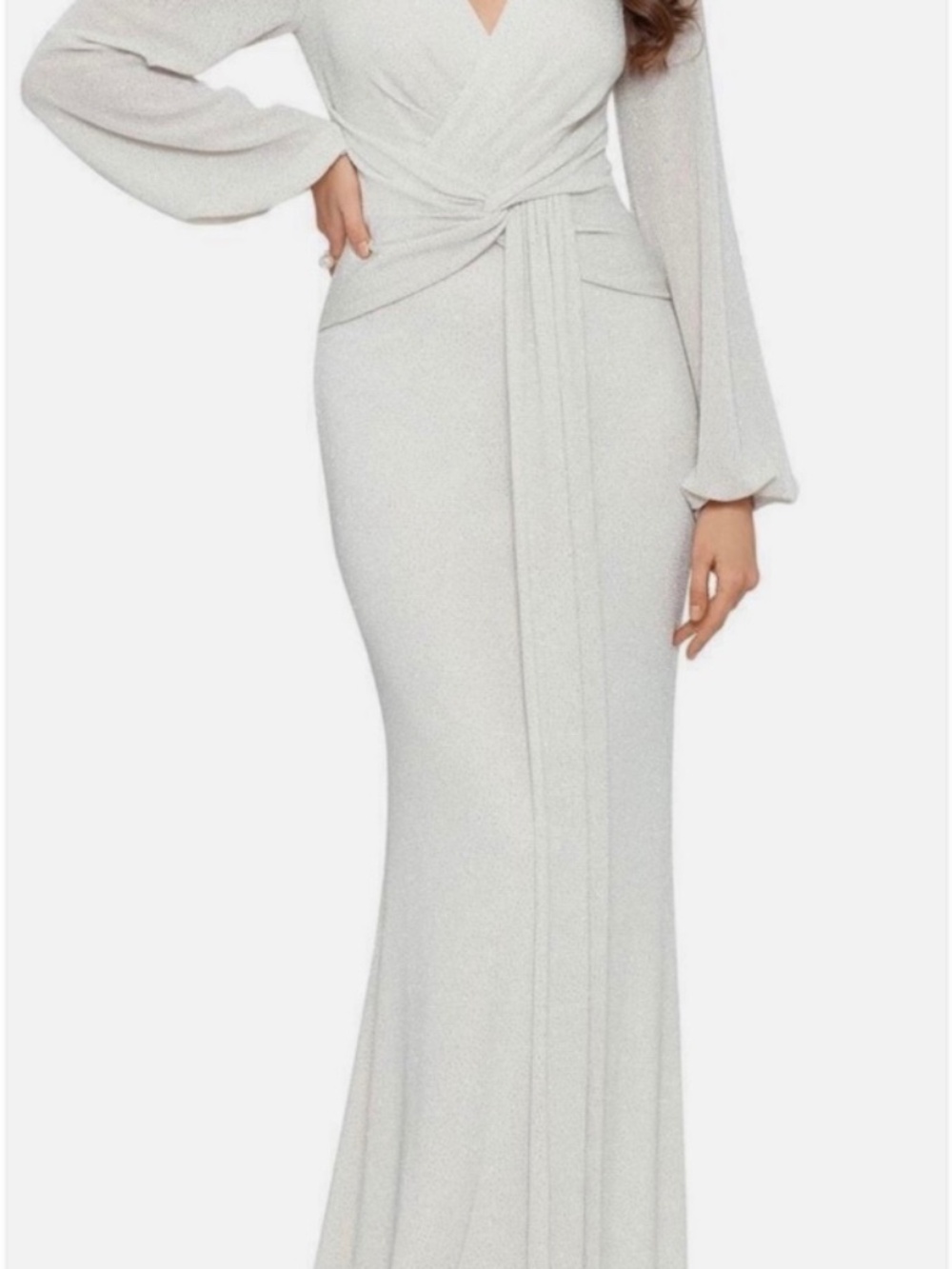 Betsy & Adam Full Length Long Sleeve V-Neck Front Drape Dress size 6P White